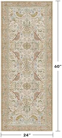 Hazo Haus Boho Bathroom Runner Rug 2x5 - Floral & Bird Runner Rug for Kitchen Floor, Hallway, Laundry Room, Bedroom, Entrance, Beige Neutral Vintage Decor, Washable Non Slip Low Pile - Image 2