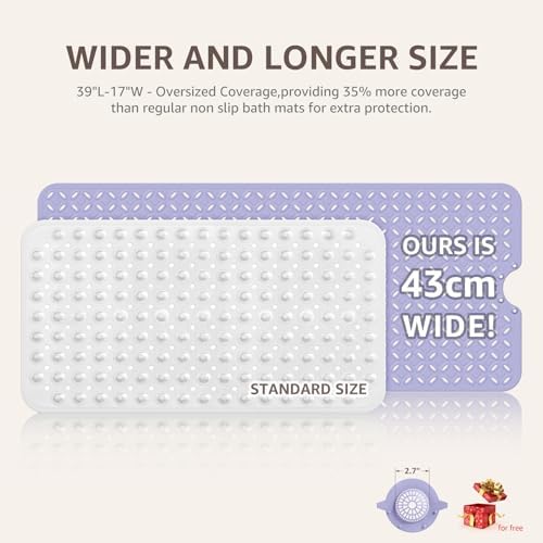 OTHWAY Bath Mat for Tub Non Slip: 39" X 17" Long Bathtub Mat with Hair Catcher│Big Drain Holes Shower Mats for Inside Shower│Machine Washable (Lavender) - Image 6