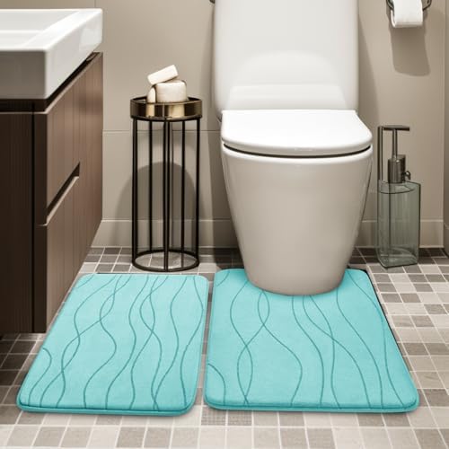 YIHOUSE Bathroom Rugs Set 2 Piece, Memory Foam Bath Mat Teal - Image 3
