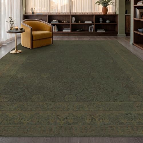 Olive Green Vintage Washable 8x10 Area Rug for Living Room, Non-Slip Distressed Rug for Bedroom & Dining Room, Low Pile Stain Resistant Floor Carpet, Modern Farmhouse Décor by TALANOVA