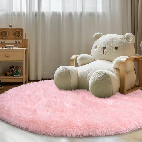 5Ft Fluffy Pink Round Rug for Girls Bedroom Kids Room, Washable Non-Slip - Image 4