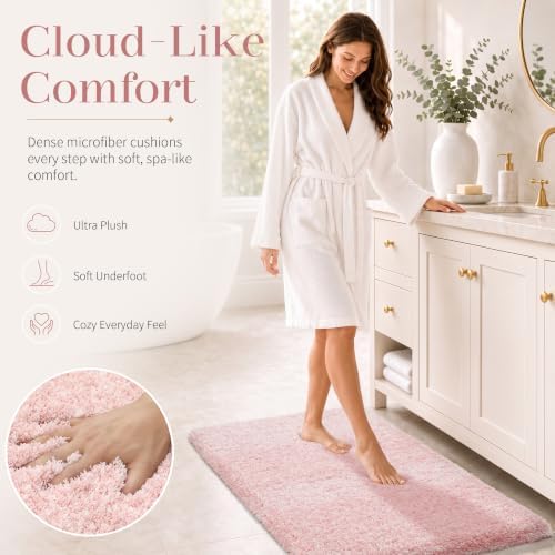 Yimobra Long Bathroom Rug 44x24, Fluffy Non Slip Bath Mat, Light Pink&White - Image 3
