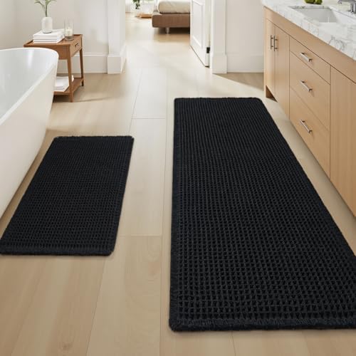 Upgraded Waffle Bath Mat Set of 2 Absorbent Bathroom Mat 18"x30" + 24"x48" by AMOAMI