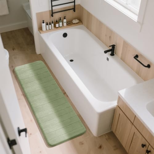 Yimobra Bathroom Runner 60"x24", Non Slip Memory Foam Bath Mat, Super Soft Water Absorbent Hallway Carpet, Machine Washable Rug for Vanity Tub Shower, Sage Green - Image 2