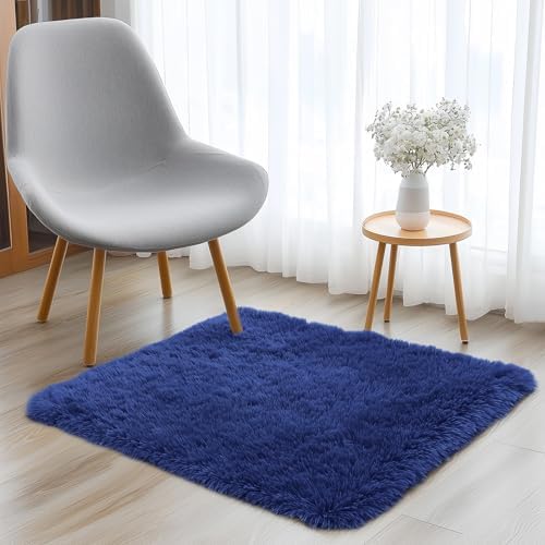 OLANLY 3x3 Machine Washable Small Bedside Rug, Soft Fluffy Shaggy Entryway Throw Rugs for Bedroom, Living Room, Indoor Floor Carpet for Kids Girls and Boys, Nursery Rooms, Home Decor, Navy Blue - Image 3