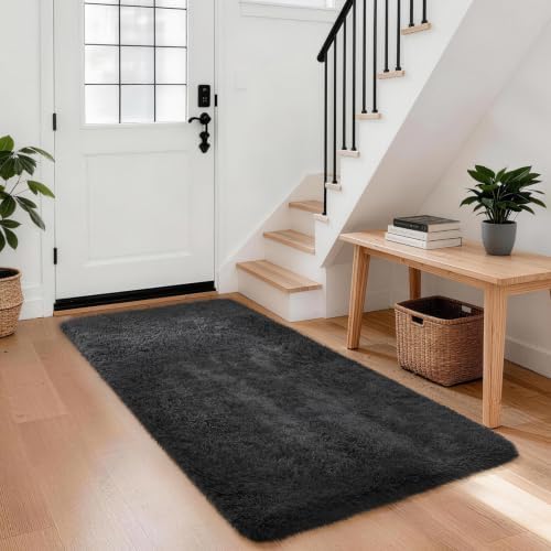 Ophanie Runner Rug for Hallway, 3x6 Washable Non-Slip Fluffy Soft Bedside Rugs, Bedroom Living Room Shaggy Carpet for Kids Girls Boys Dorm Nursery Decor Aesthetic, Black with Over 99 pcs Pile fibers by Ophanie