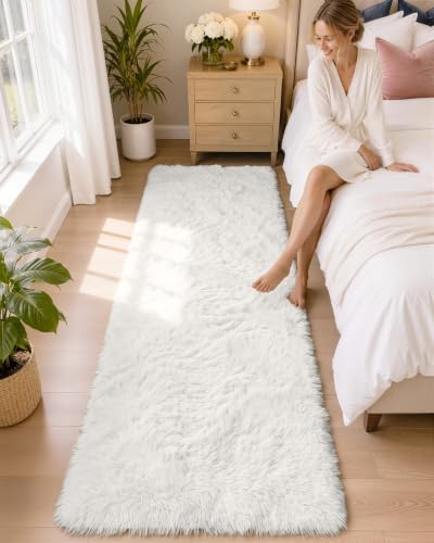 OLANLY 2x6 Machine Washable Runner Rugs for Hallway, Soft Fluffy Shaggy Bedside Rugs for Bedroom, Living Room, Indoor Floor Carpet for Kids Girls and Boys, Nursery Rooms, Home Decor Aesthetic, White by OLANLY