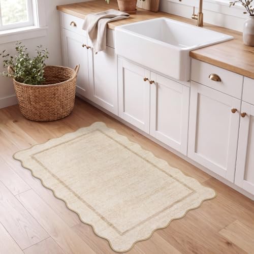 GarveeHome Scalloped Door Mat Indoor Entrance 2x3 Machine Washable, Oatmeal - Image 2