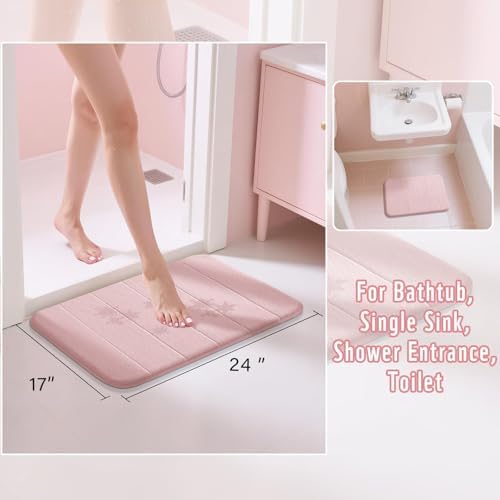 Yimobra Pink Bath Mat, Super Soft Absorbent Memory Foam Bathroom Rug Non Slip, Quick Dry, Machine Washable Floor Carpet for Tub Shower, Home Decor Accessories, 24x17 - Image 3