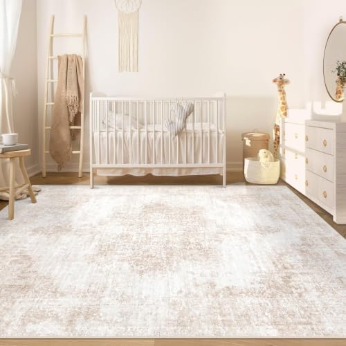 Area Rug 6x9 Vintage Rugs: Washable Living Room Rug Retro Medallion Distressed Large Rug Soft Low Pile Non-Slip Rugs Indoor Floor Carpet for Bedroom Kitchen Nursery Dining Table Office (Beige/Brown) - Image 4