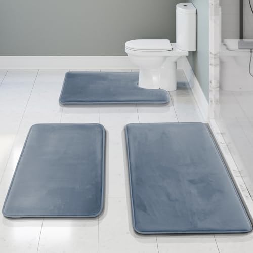 Clara Clark 3 Piece Bathroom Rugs, Velvet Memory Foam Bath Mat Set, Non-Slip Bath Rugs, Machine Wash, Dries Quickly, Ultra Soft Plush Bath Mats for Bathroom, 17 x 24/20 x 32 / Contour, Stone Blue - Image 2