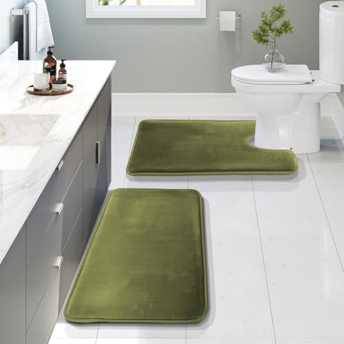 Clara Clark 2 Piece Bathroom Rugs, Velvet Memory Foam Bath Mat Set, Non-Slip Bath Rugs, Machine Wash, Dries Quickly, Ultra Soft Plush Bath Mats for Bathroom, 20 x 32 + Contour, Sage Green by ClaraClark