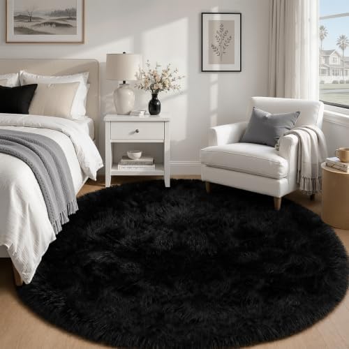 TENGTENGLINK 6ft Round Shag Area Rug Living Room Bedroom Washable Black - Image 2