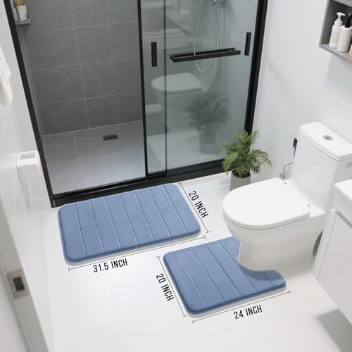 Yimobra Memory Foam Bathroom Mat Set, 31.5 x 20 & 24 x 20 in, Denim Blue - Image 2