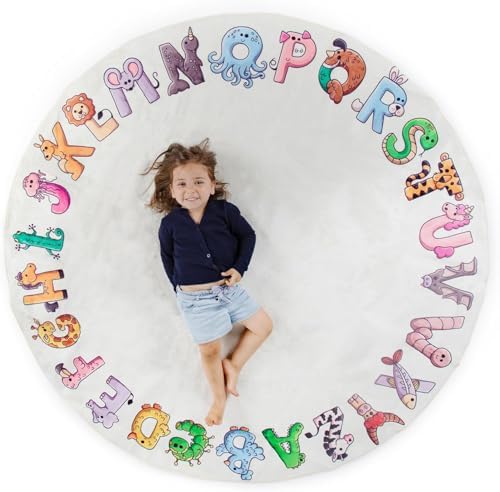 ABC Alphabet Rug for Kids – 6 ft Round White Play Mat for Kids, Soft Nursery Decor for Learning Letters, Classroom & Playroom Area Mat by Unknown