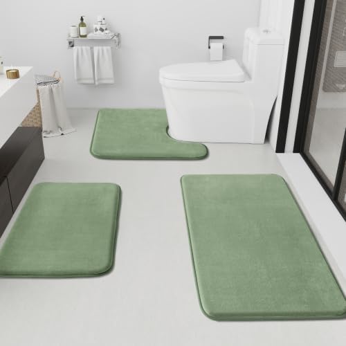 HUXMEYSON Bathroom Rugs Sets 3 Piece, Non-Slip & Quick Dry Bath Mat Set, Ultra Soft Velvet Bath Rugs for Bathroom, Toilet and Shower Floor, Grey Green by HUXMEYSON