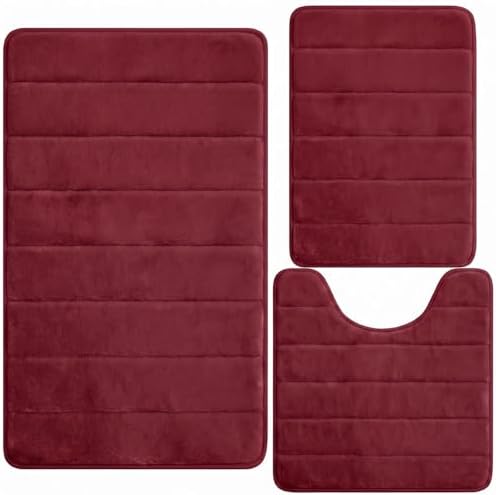 Bathroom Rugs Set 3 Piece, Memory Foam Bath Rugs, Non Slip Washable Bathroom Rug Set, Extra Soft Absorbent Bath Mats with U-Shaped Toilet Rug, Burgundy by AINAHYVA