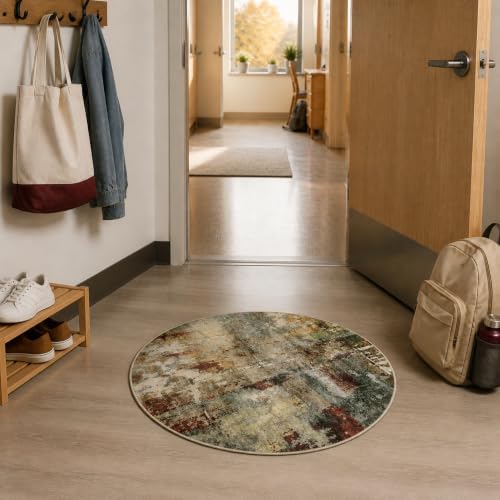 Lahome Modern Abstract Round Rug - 3Ft Small Red Washable Kitchen Round Area Rug Bedroom Circle Mat, Soft Low Pile Non Slip Indoor Throw Carpet for Cabinet Bathroom Living Room Office - Image 2