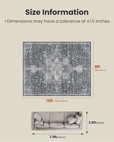 Amada 8x10 Washable Area Rug for Living Room, Gray/Gold, Vintage Pattern - Image 2