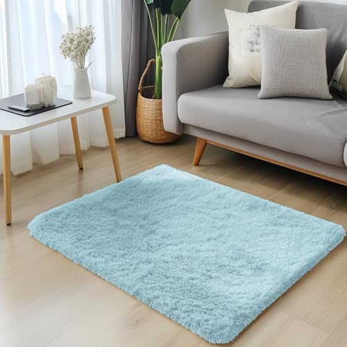 OLANLY 2x3 Machine Washable Small Bedside Rug, Soft Fluffy Shaggy Entryway Throw Rugs for Bedroom, Living Room, Indoor Floor Carpet for Kids Girls and Boys, Home Decor Aesthetic, Light Blue - Image 3