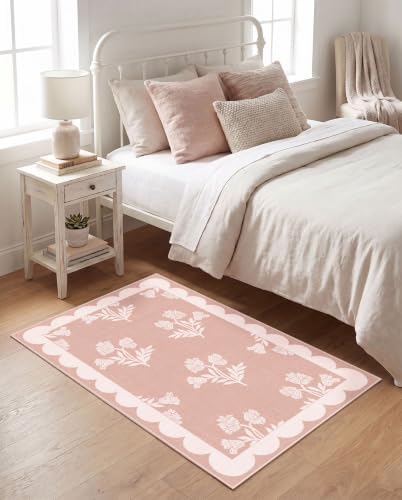 Pink Boho Bathroom Rug - 2x3 Scalloped Floral Girls Bedroom Rugs - Image 4