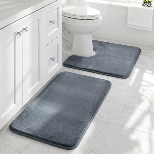 HUXMEYSON Bathroom Rugs Sets 2 Piece, Non-Slip & Quick Dry Bath Mat Set, Ultra Soft Velvet Bath Rugs for Bathroom, Toilet and Shower Floor, Grey by HUXMEYSON