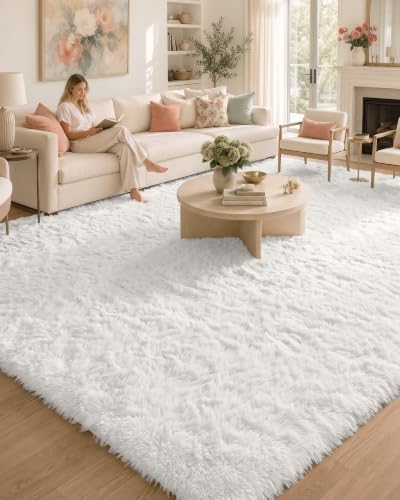 OLANLY 9x12 Machine Washable Large Area Rugs for Living Room, Bedroom, Soft Fluffy Shaggy Bedside Rug, Indoor Floor Carpet for Kids Girls and Boys, Dorms, Nursery, Home Decor Aesthetic, White by OLANLY