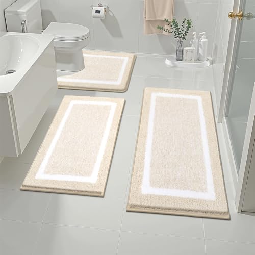 Pauwer 3 Piece Bathroom Rug Set, Non Slip Washable Bath Mat, Light Beige by Pauwer