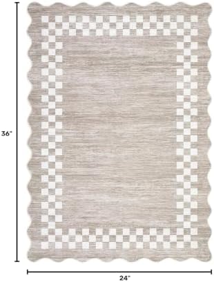 Small Area Rug 2x3 Modern Checkered Entry Rug Solid Color Scalloped Kitchen Rugs Washable Bedroom Doormat Non Slip Stain Resistant Bordered Throw Carpet for Living Room Nursery Laundry, Fog - Image 2