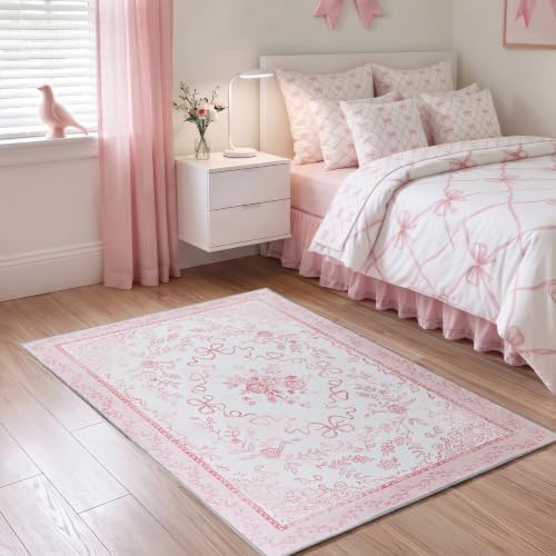 Pink Classroom Rug 4x6, Washable Small Pastel Floral Bow Area Rug for Girls Room Kids Bedroom Nursery by Unknown