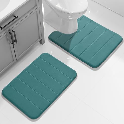 Yimobra Memory Foam Toilet Bath Mat U-Shaped, Soft and Comfortable, Water Absorption, Non-Slip, Thick, Machine Wash, Easier to Dry for Bathroom Commode Contour Rug, 24 X 20 Inch, Teal - Image 2
