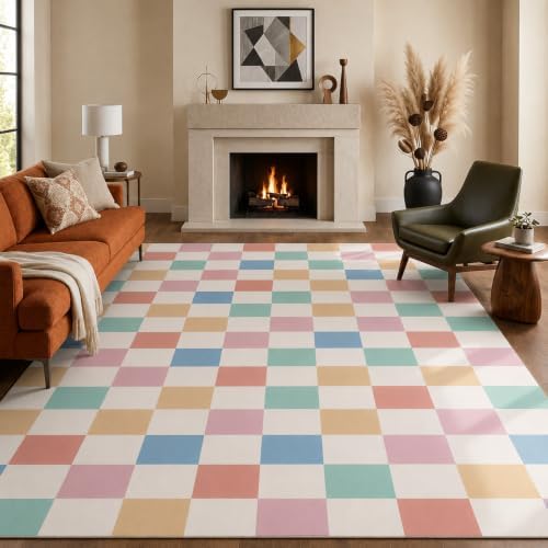 9x12 Checkered Area Rug for Living Room, Soft Colorful Rugs by Unknown