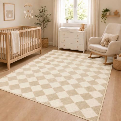 4x6 Checkered Area Rug for Living Room, Soft Low Pile Oat Rugs - Image 3