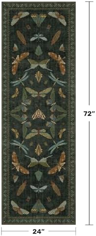 Hazo Haus Washable Insect 2x6 Runner Rug for Hallway- Stain Resistant Kitchen Runners, Floral Whimsical Indoor Floor Mat for Bathroom, Soft Non Slip with Rubber Backed, Dark Green - Image 2