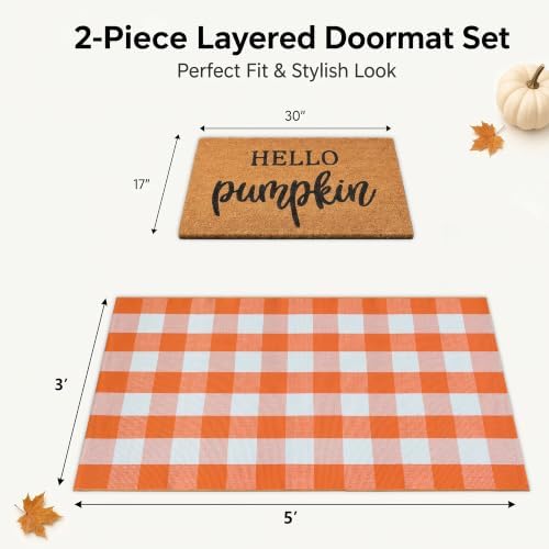 Fall Decor Doormat Combo Set, 100% Coco Coir Welcome Mat + 3' x 5' Orange and White Plaid Rug - Fall Thanksgiving Front Porch Entryway Decor Floor Mat, Indoor Outdoors Autumn Mats Hello Pumpkin - Image 2