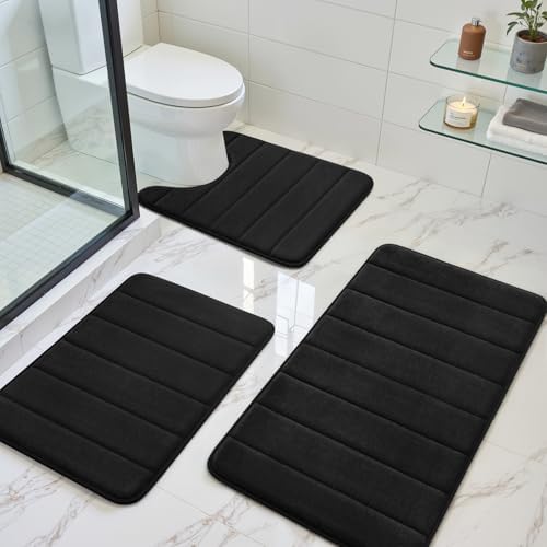 BYSURE Black Memory Foam Bathroom Rug Set 3 Piece 17"x24"+20"x32"+U Shape 20"x24" by BYSURE
