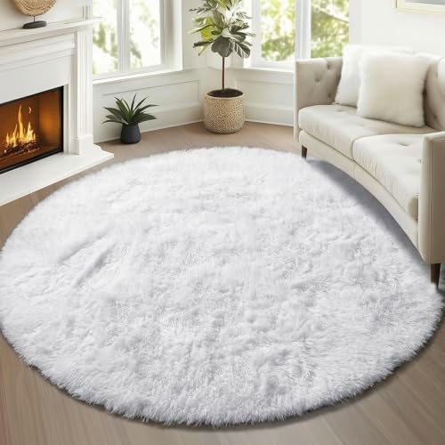 ONASAR White Round Area Rugs 5ft, Soft Bedroom Circle Rug Floor Mat for Kids Girls Boys Teen Room, Fuzzy Plush Shaggy Carpet for Baby Nursery Living Room Playroom Dorm Home Decor - Image 5