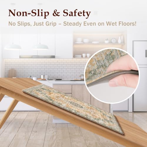 Boho Kitchen Mats for Floor 2PC Anti Fatigue Kitchen Rugs, Green Orange - Image 4