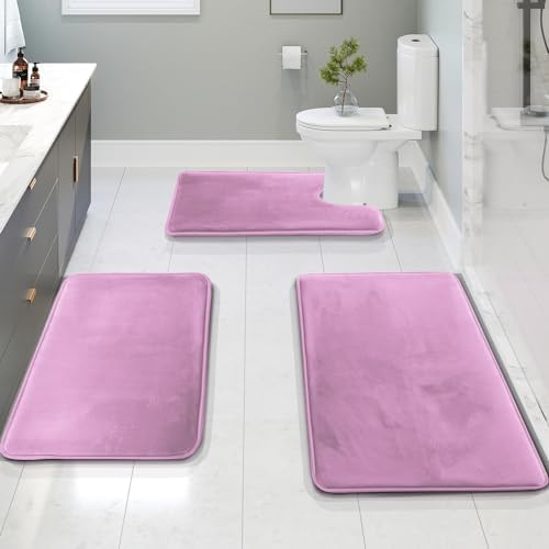 Clara Clark 3 Piece Bathroom Rugs Bath Mat Set, Velvet Memory Foam Bath Mats for Bathroom - Non-Slip, PVC Backing Bath Rugs, Washable - Dries Quickly, Lavender by ClaraClark