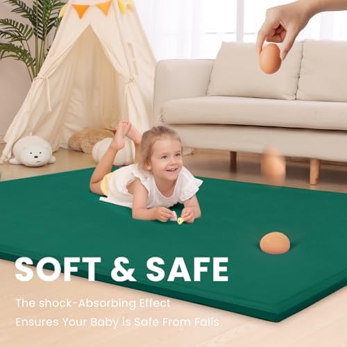 Baby Play Mat for Floor,1.3" Thick Memory foam Tummy Time Mat,Soft Coral Velvet Nursery Rug,Extra Large Non Slip Crawling Mat for Toddlers,Infants,kids,Yoga Mat,Tatami Style for Living Room(Dark Green) - Image 3