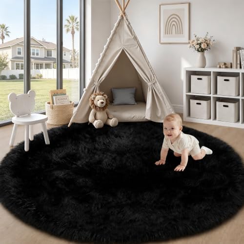 TENGTENGLINK 6ft Round Shag Area Rug Living Room Bedroom Washable Black - Image 3