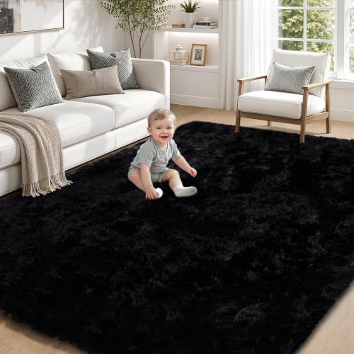 TENGTENGLINK 6x9 Fluffy Shag Area Rug Living Room Bedroom Washable Black - Image 4