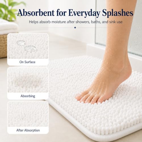 White Bathroom Rugs Chenille Bath Mat Set 3 Piece, Extra Soft, and Absorbent Shaggy Rugs, Machine Wash and Dry, Perfect Plush Carpet Mats for Tub, Shower, Bathroom Rug Mats - Image 3