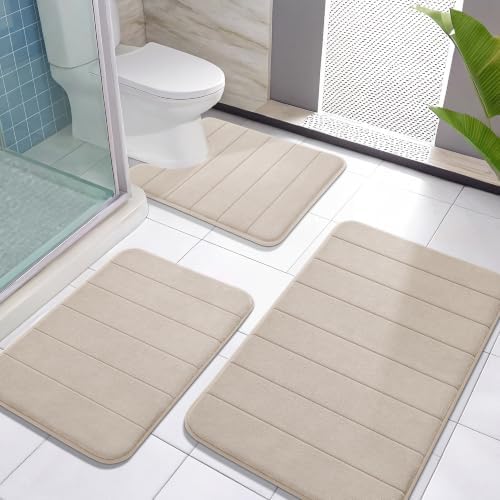 Yimobra Memory Foam Bath Mat Set 3 Pieces- Super Soft Absorbent Quick Dry Bathroom Rug Sets, Machine Washable Non Slip Floor Carpet for Tub Shower, Vanity & Toilet Base, Beige by Yimobra