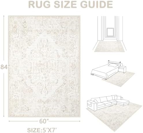 5x7 Area Rugs for Living Room: Washable Rug Vintage Large Rugs Soft Non Slip Low Pile Rug Floral Distressed Floor Carpet for Bedroom Kitchen Nursery Dining Room Home Office (Beige, 5'x7') - Image 2