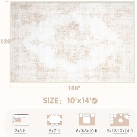 Area Rug 10x14 Vintage Rugs: Large Washable Living Room Rug Retro Medallion Distressed Soft Low Pile Non-Slip Rugs Indoor Floor Carpet for Bedroom Nursery Dining Table Office (Beige,10'x14') - Image 2