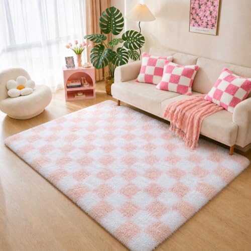 KICMOR 5x7 Area Rugs for Living Room, Fluffy Soft Light Pink and White Checkered Rug Fuzzy Shag Shaggy Carpet for Bedroom, Cute Furry Plush Rug for Teen Kids Girls Dorm Nursery Playroom Home Decor by KICMOR
