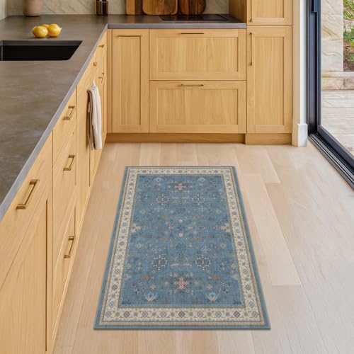 Blue 2x4 Runner Rug for Entryway Indoor, Kitchen Floor Waterproof, Bathroom, Powder Room, Washable Non Slip Low Pile Stain & Fade Resistant, Modern Eclectic Floral Decor - Image 3