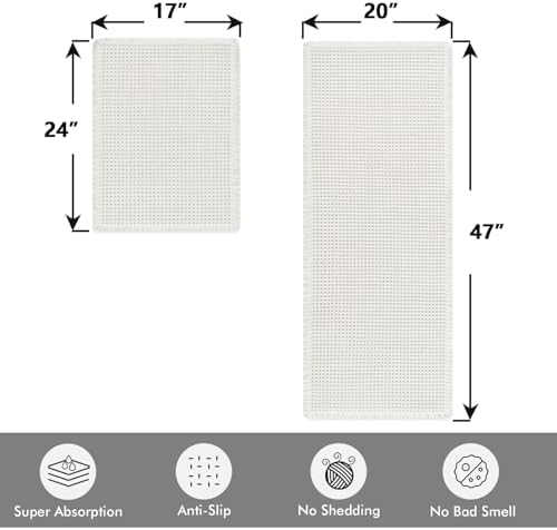 MIULEE Set of 2 Waffle Bathroom Rugs Boho Bath Mat White 17"x24"+20"x47" - Image 2