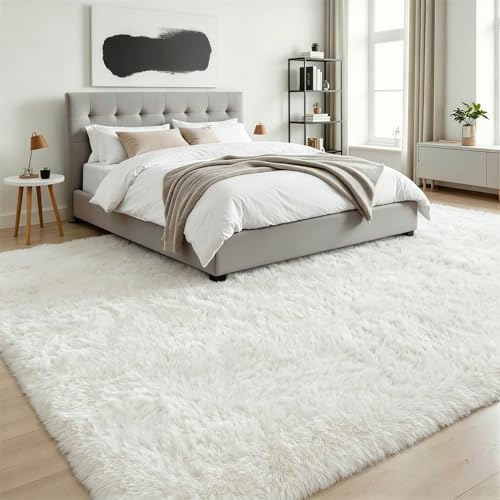 9x12 Area Rug Living Room Bedroom: Fluffy Plush Shag Carpet Ivory - Image 3